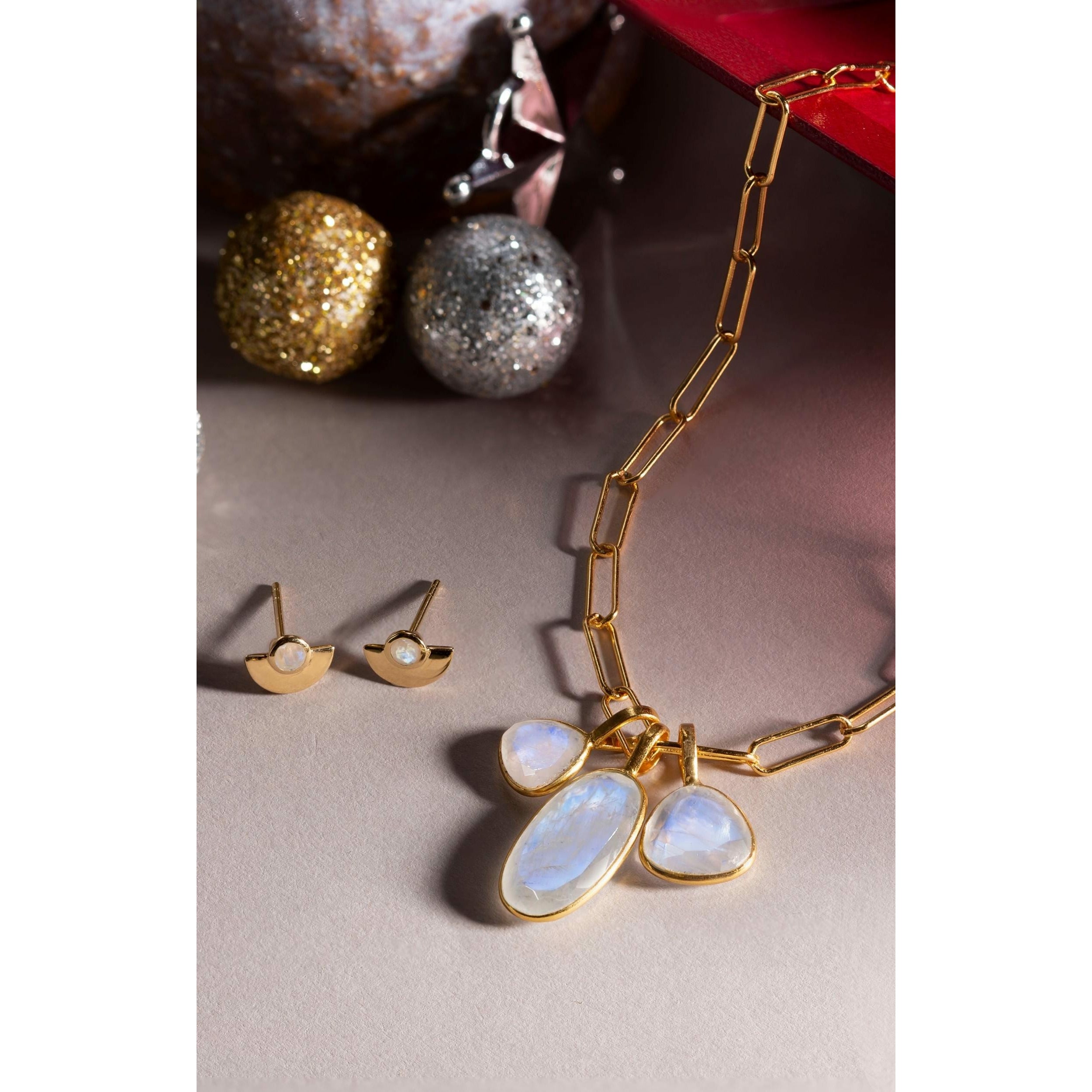 Fervor Montreal Triple Charm Organic Rainbow Moonstone Necklace