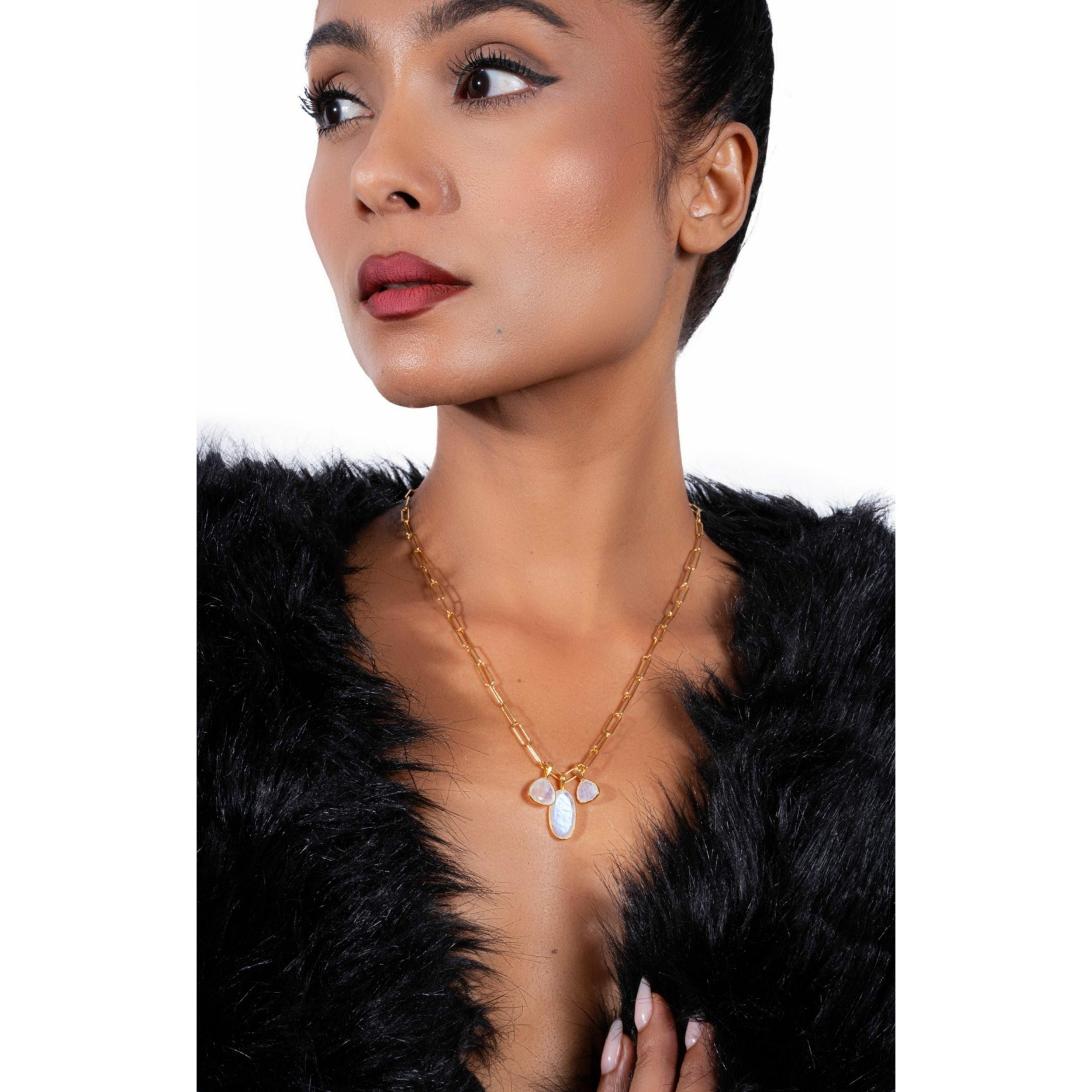 Fervor Montreal Triple Charm Organic Rainbow Moonstone Necklace
