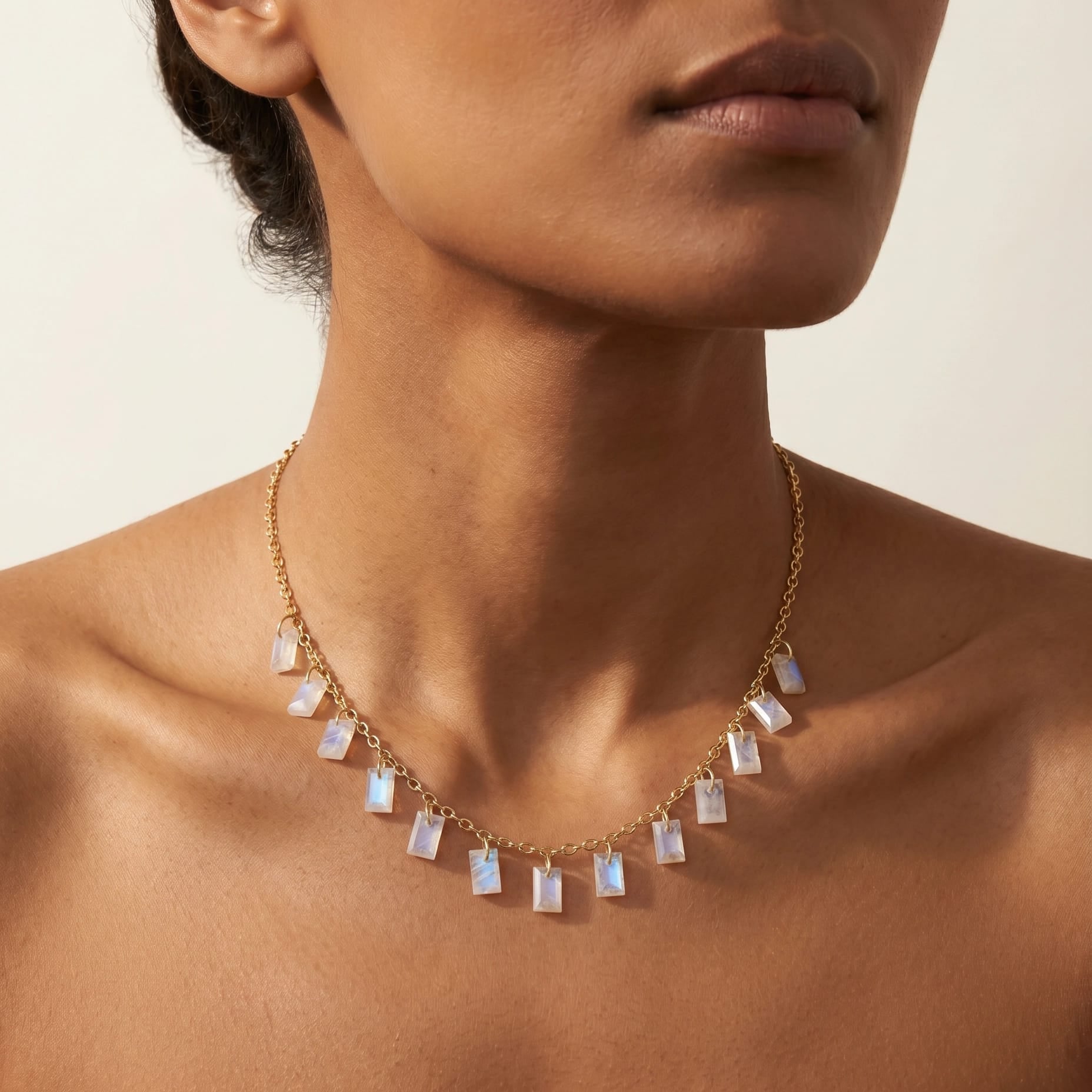 Fervor Montreal Necklace Baguette Charms Rainbow Moonstone Necklace