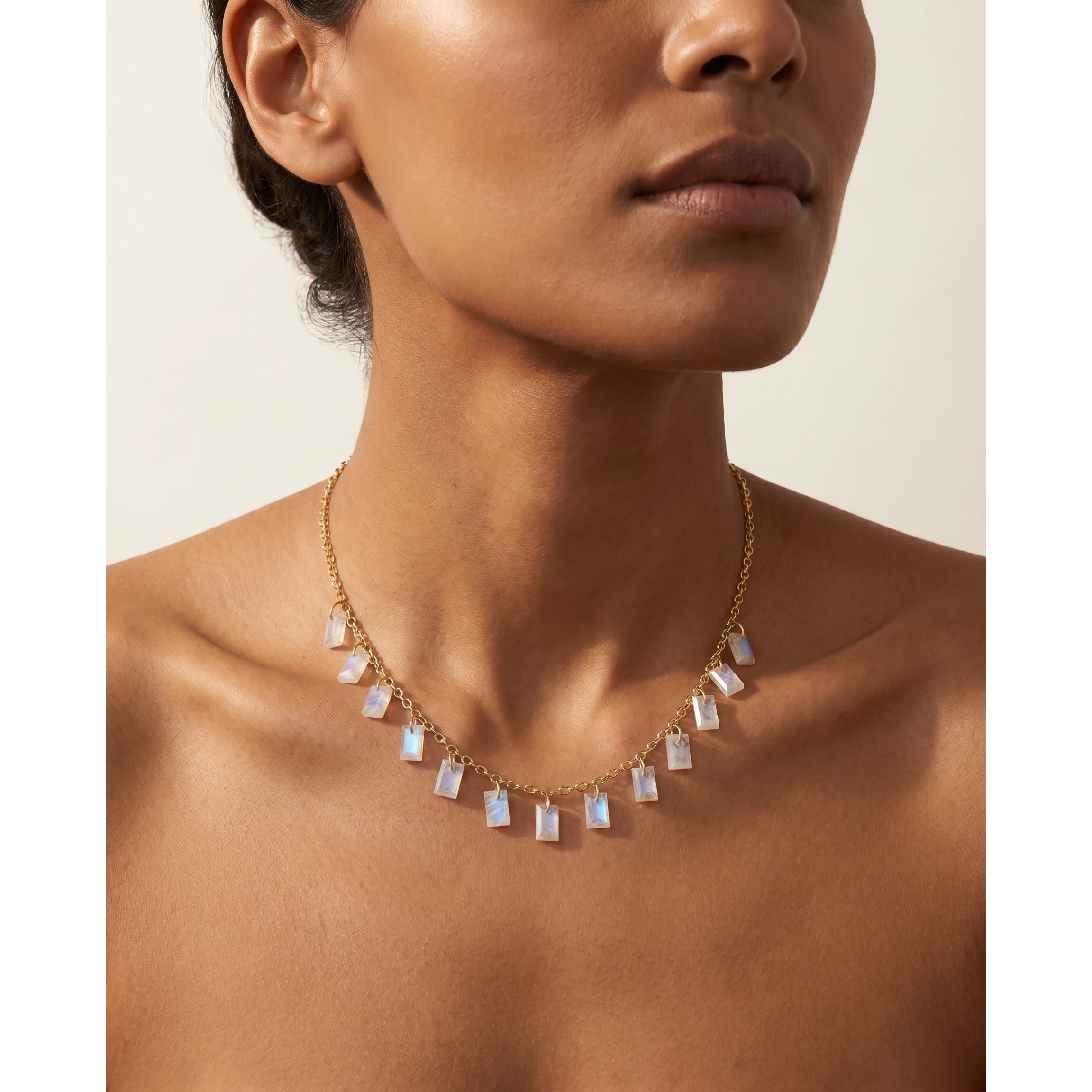 Fervor Montreal Necklace Baguette Charms Rainbow Moonstone Necklace