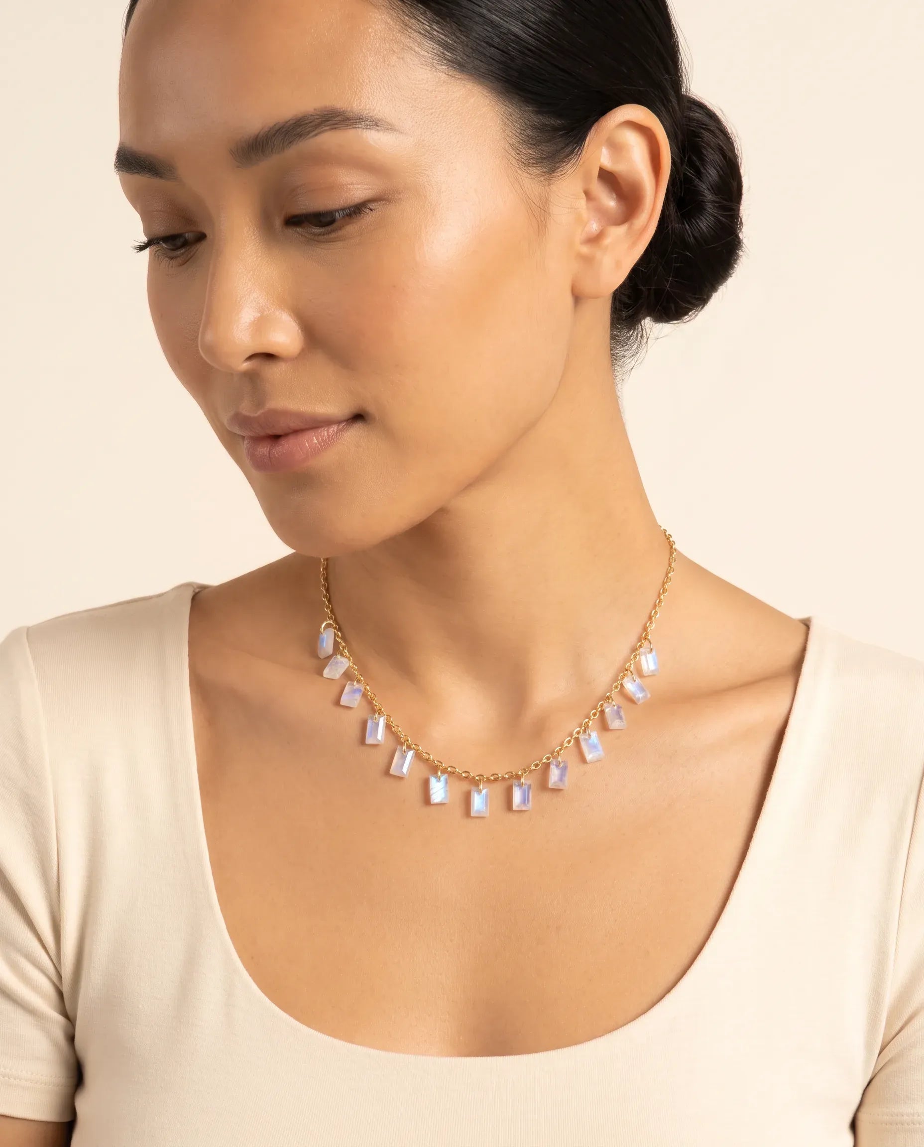 Fervor Montreal Necklace Baguette Charms Rainbow Moonstone Necklace