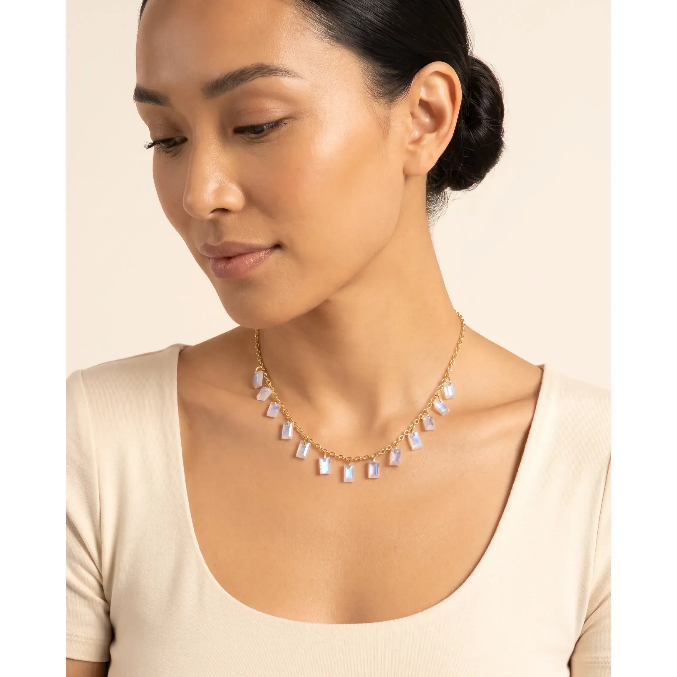 Fervor Montreal Necklace Baguette Charms Rainbow Moonstone Necklace