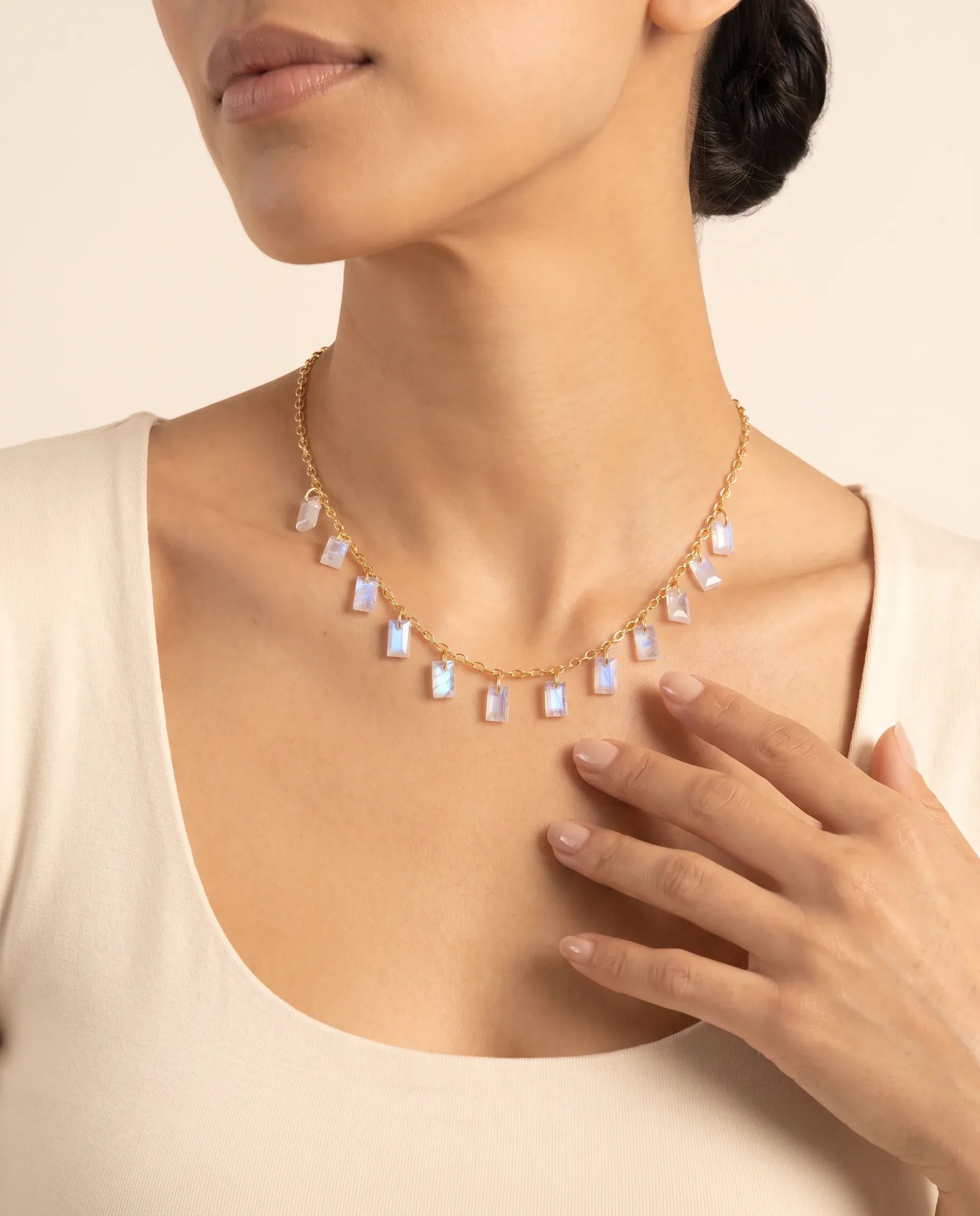 Fervor Montreal Necklace Baguette Charms Rainbow Moonstone Necklace