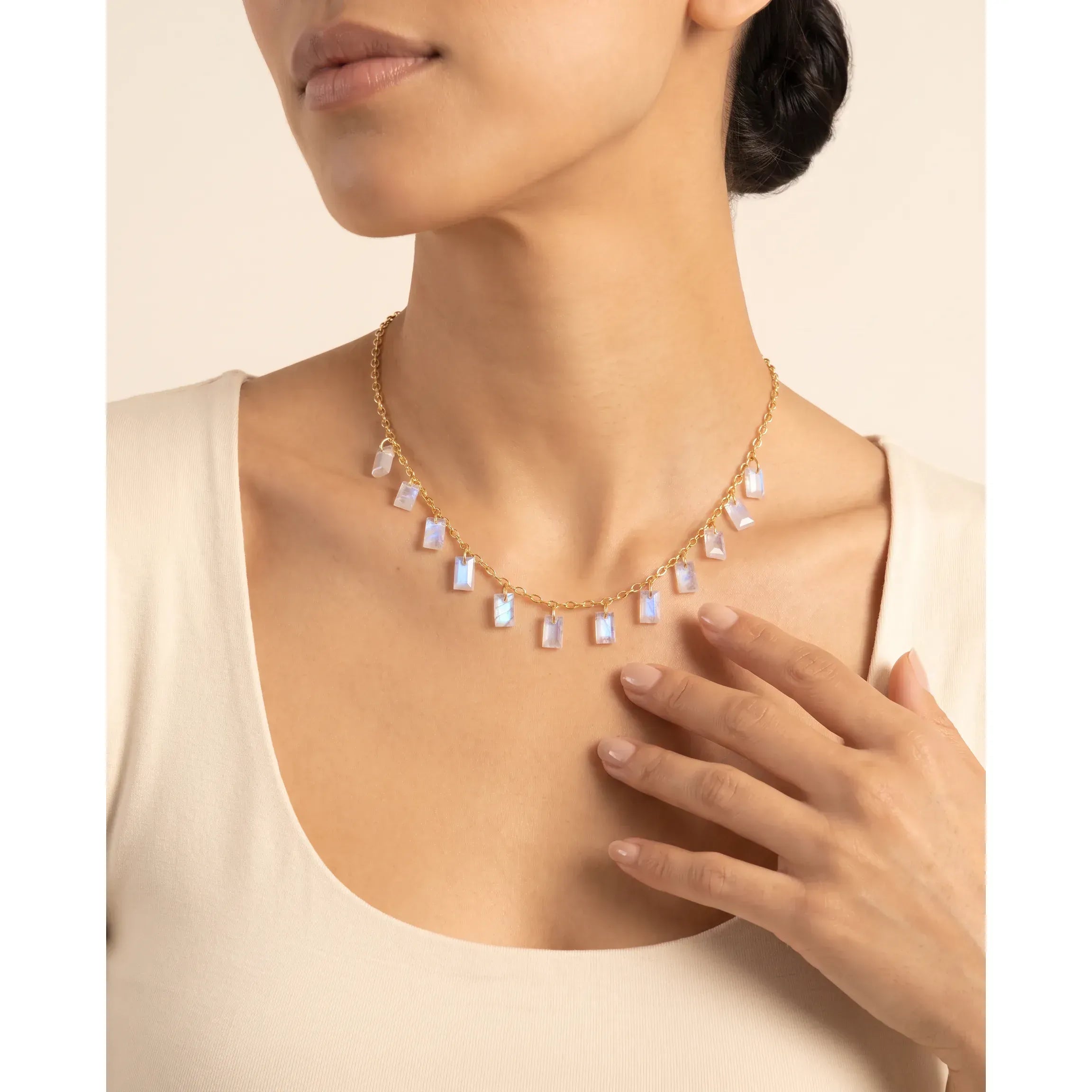Fervor Montreal Necklace Baguette Charms Rainbow Moonstone Necklace