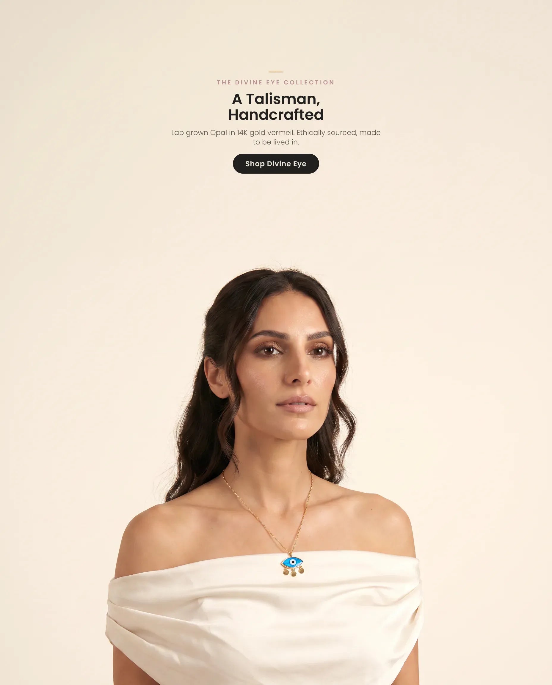 Homepage hero banner (mobile, web-optimized, crop-safe v3) — model wearing the Divine Eye lab grown opal Three Charm Lucky Eye necklace in 14K gold vermeil