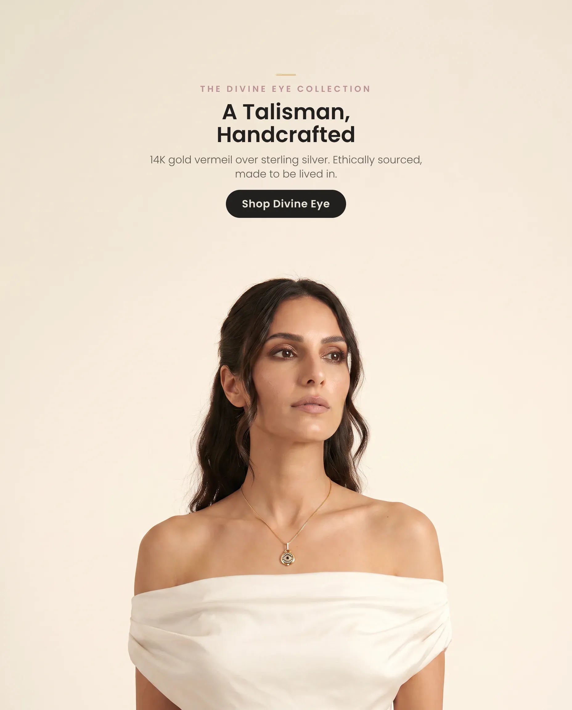 Homepage hero banner (mobile, web-optimized, crop-safe, large type) — model wearing the Divine Eye Layla necklace in 14K gold vermeil over sterling silver