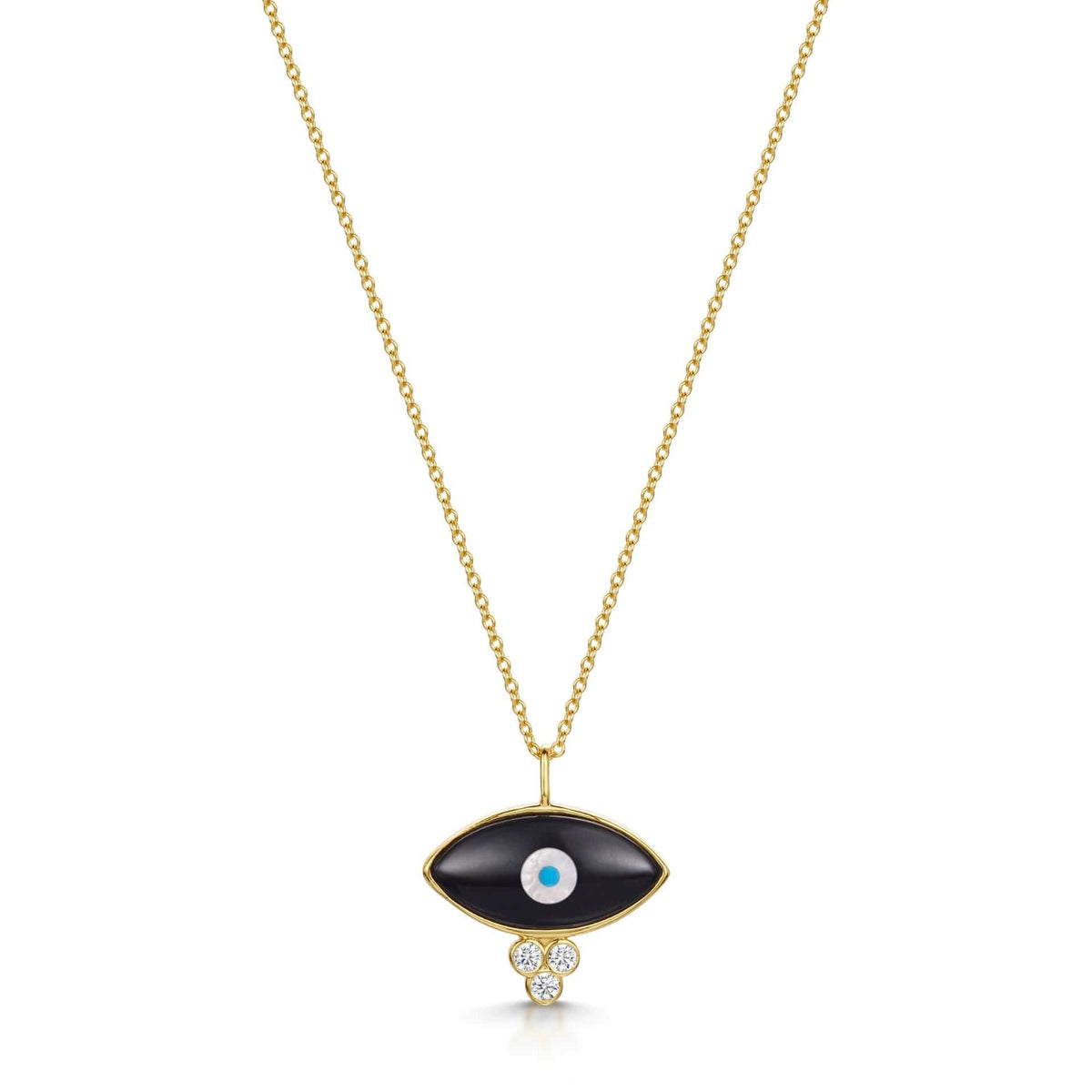 Real 14K Gold Evil Eye Pendant on 14K Gold 1mm Cable Chain Necklace -16